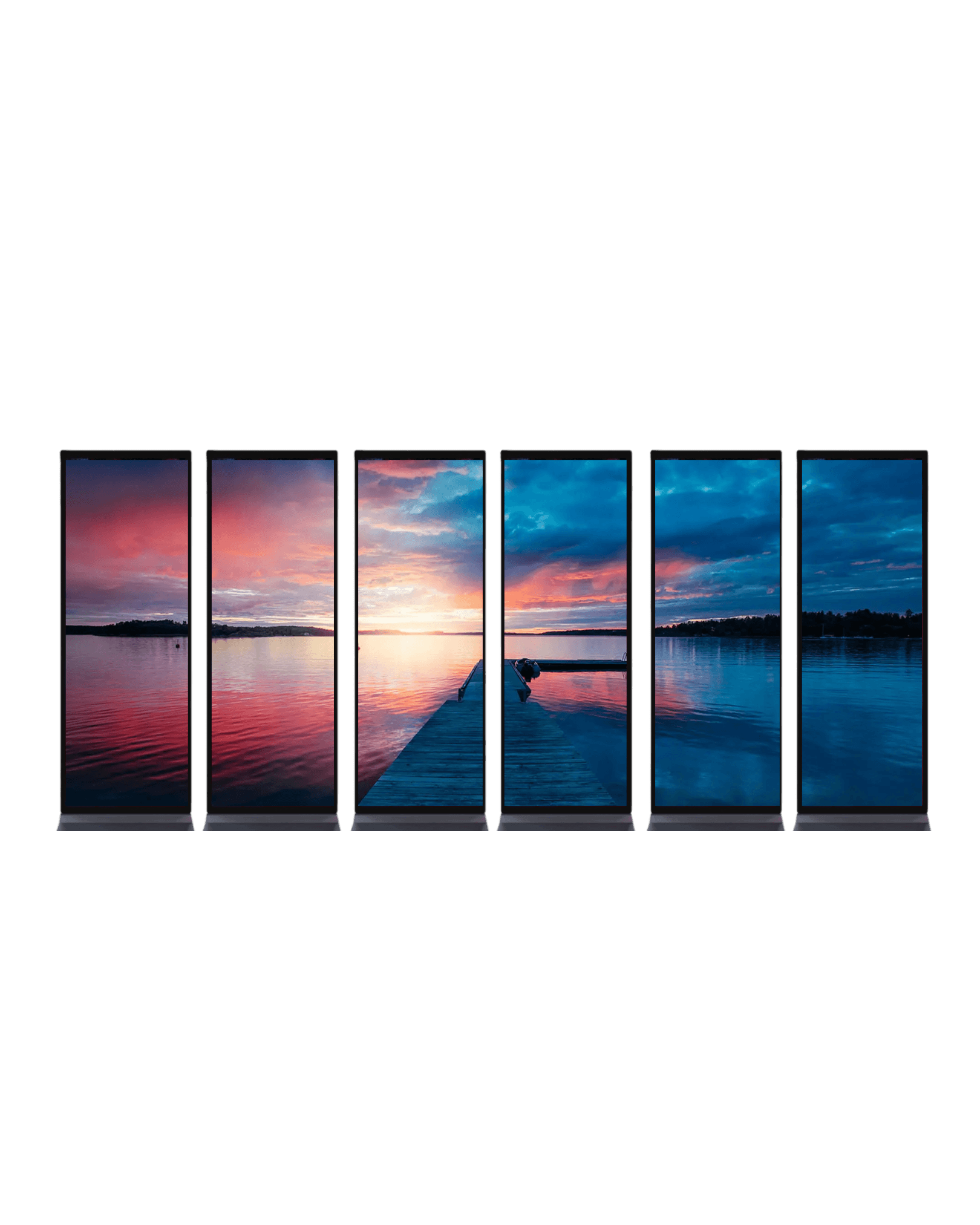 Seis tótems digitales alineados mostrando un escenario sincronizado