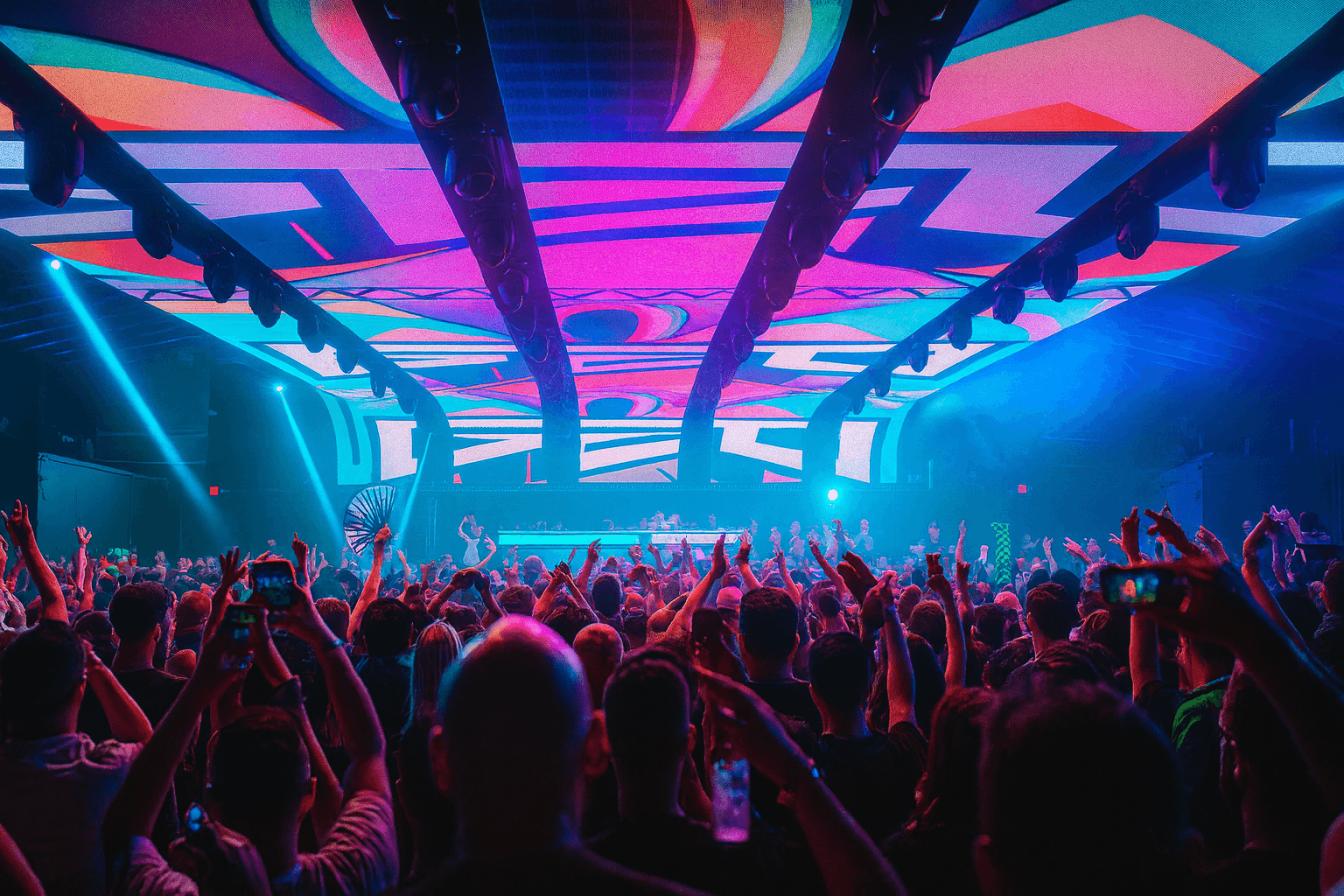 Visuales LED en cabina de DJ y pista de baile