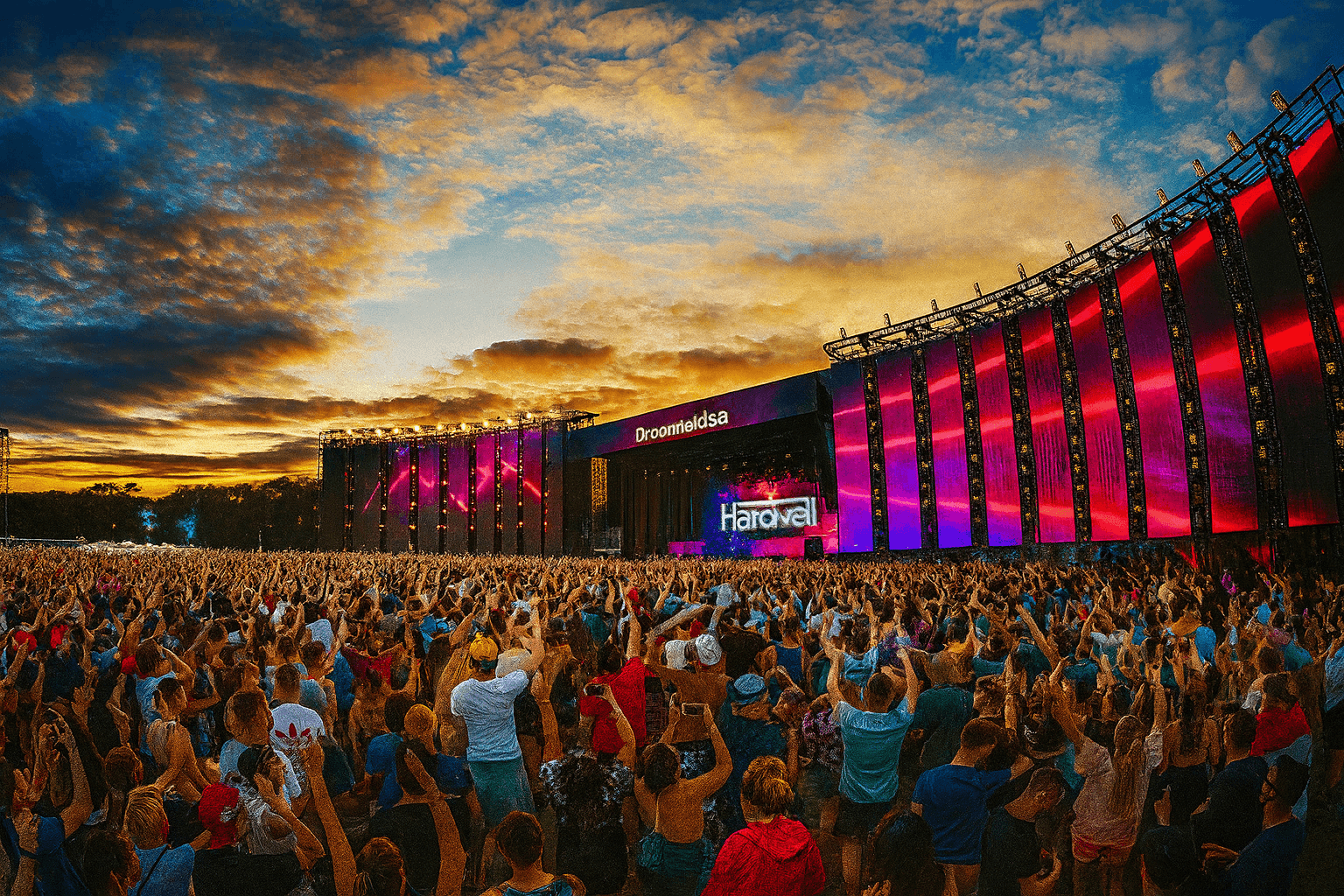 Festival al aire libre con pantallas gigantes